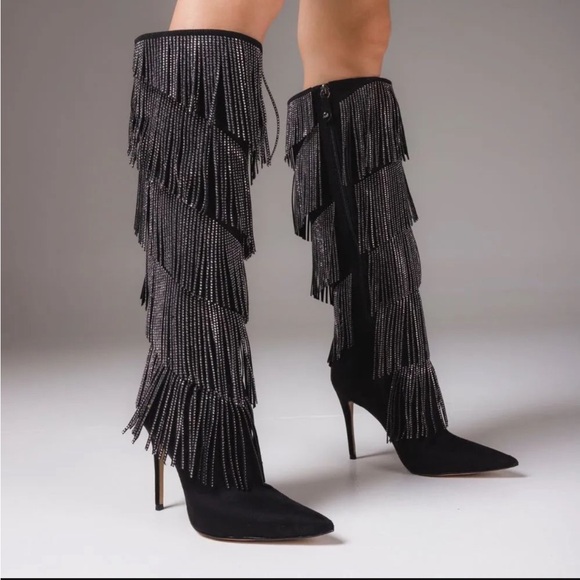 Shoes - Elegant Black Fringe Knee-High Boots